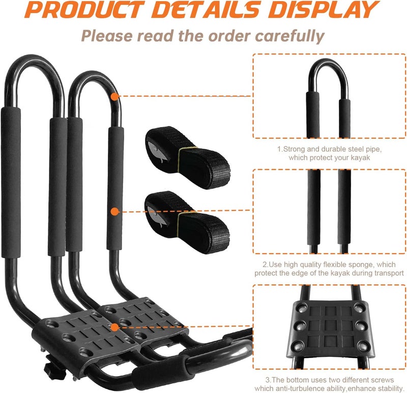 HIGHRAZON Kayak Roof Rack, 1 Pair J-Bar Roof Rack with 2 Ropes. Heavy Duty Kayak Roof Carrier for Your Canoe SUV and Trucks - Image 4
